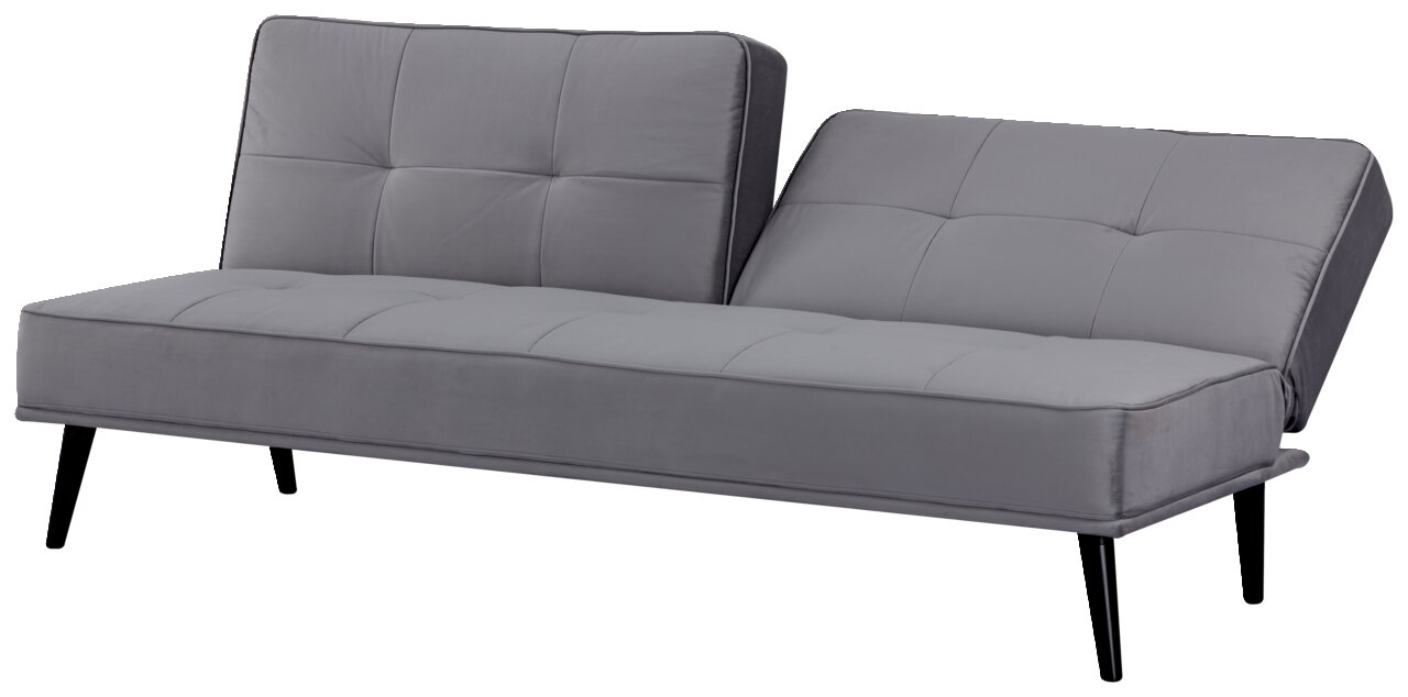 Graues Funktionssofa mit zwei verstellbaren Rückenlehnen, seitliche Perspektive