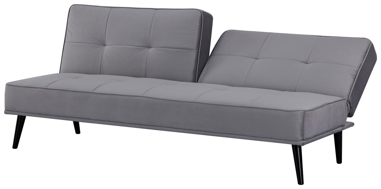 Graues Funktionssofa mit zwei verstellbaren Rückenlehnen, seitliche Perspektive