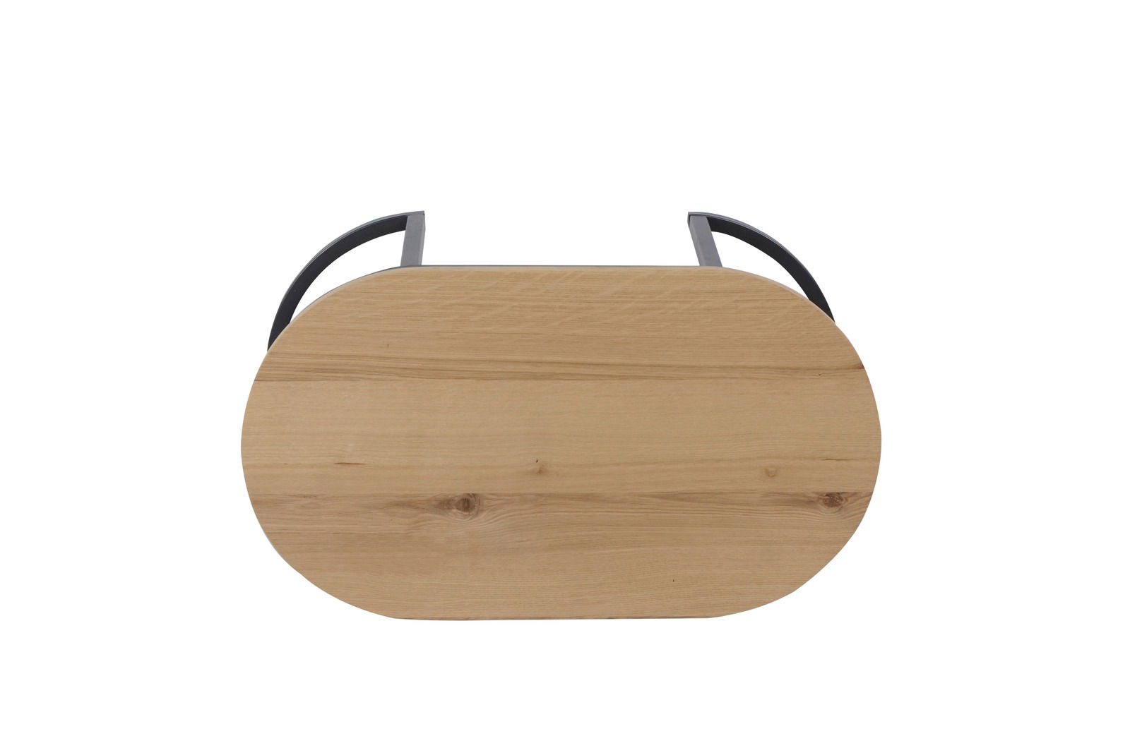 Vogelperspektive auf einen ovalen Couchtisch mit Holzoberfläche und schwarzen Metallbeinen.