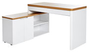 Moderner Eck-Schreibtisch in Weiß mit Holzoberfläche, seitliche Perspektive