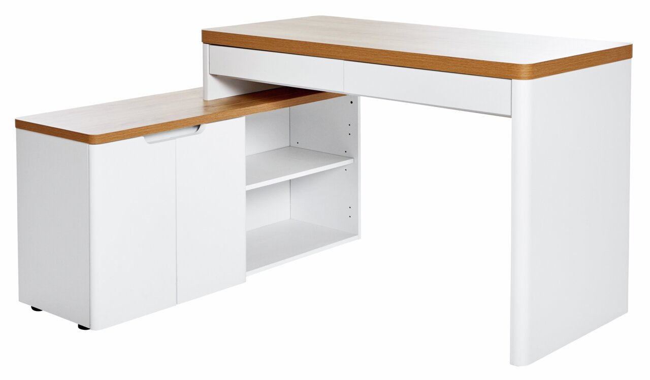 Jahnke Eckschreibtisch LIBRE Moderner Eck-Schreibtisch in Weiß mit Holzoberfläche, seitliche Perspektive