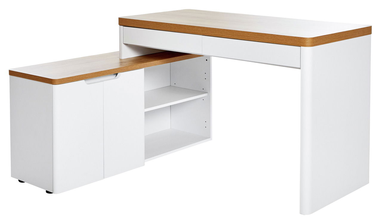 Moderner Eck-Schreibtisch in Weiß mit Holzoberfläche, seitliche Perspektive