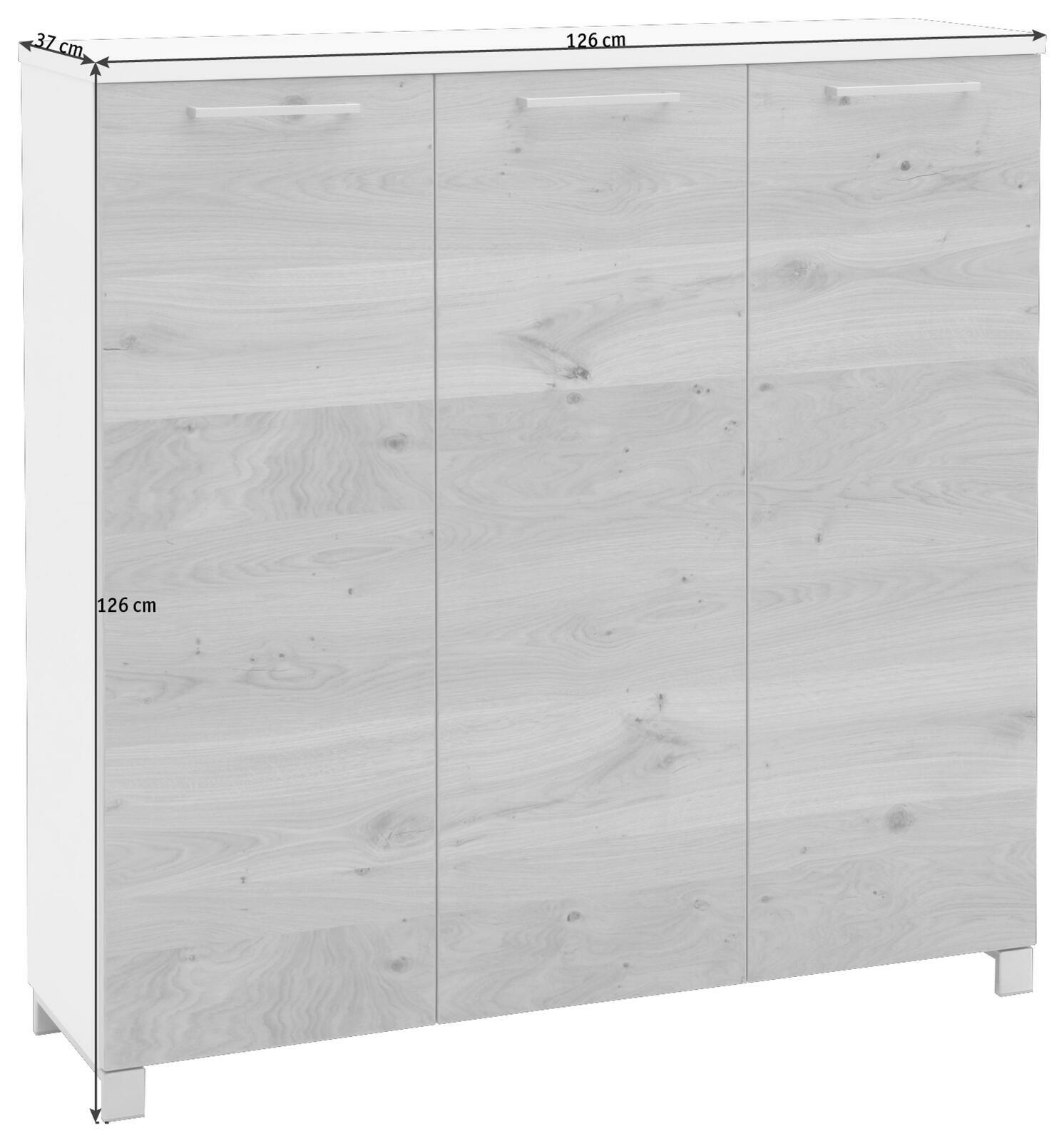 XL-Schuhschrank mit drei Türen in Holzoptik, Maße 126 cm x 126 cm x 37 cm, Frontalansicht