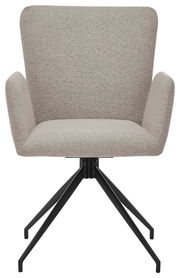 Frontansicht eines modernen Armlehnstuhls mit hellgrauem Stoffbezug und schwarzem Metallgestell.