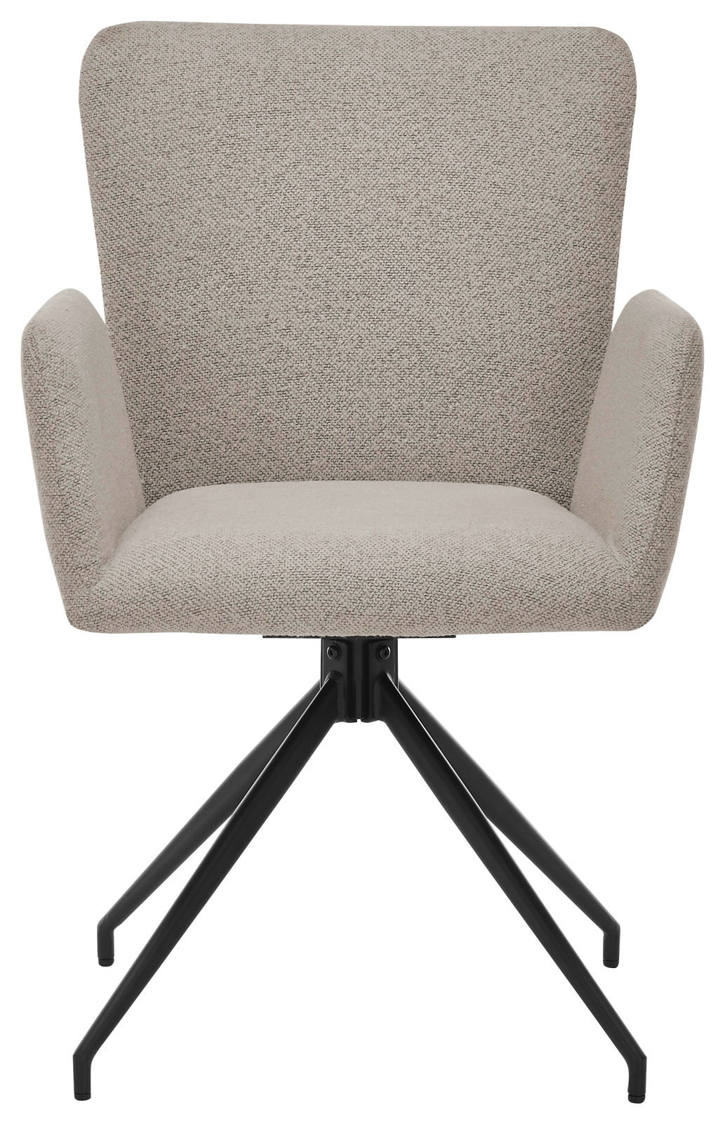 Frontansicht eines modernen Armlehnstuhls mit hellgrauem Stoffbezug und schwarzem Metallgestell.