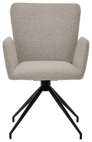 Frontansicht eines modernen Armlehnstuhls mit hellgrauem Stoffbezug und schwarzem Metallgestell.