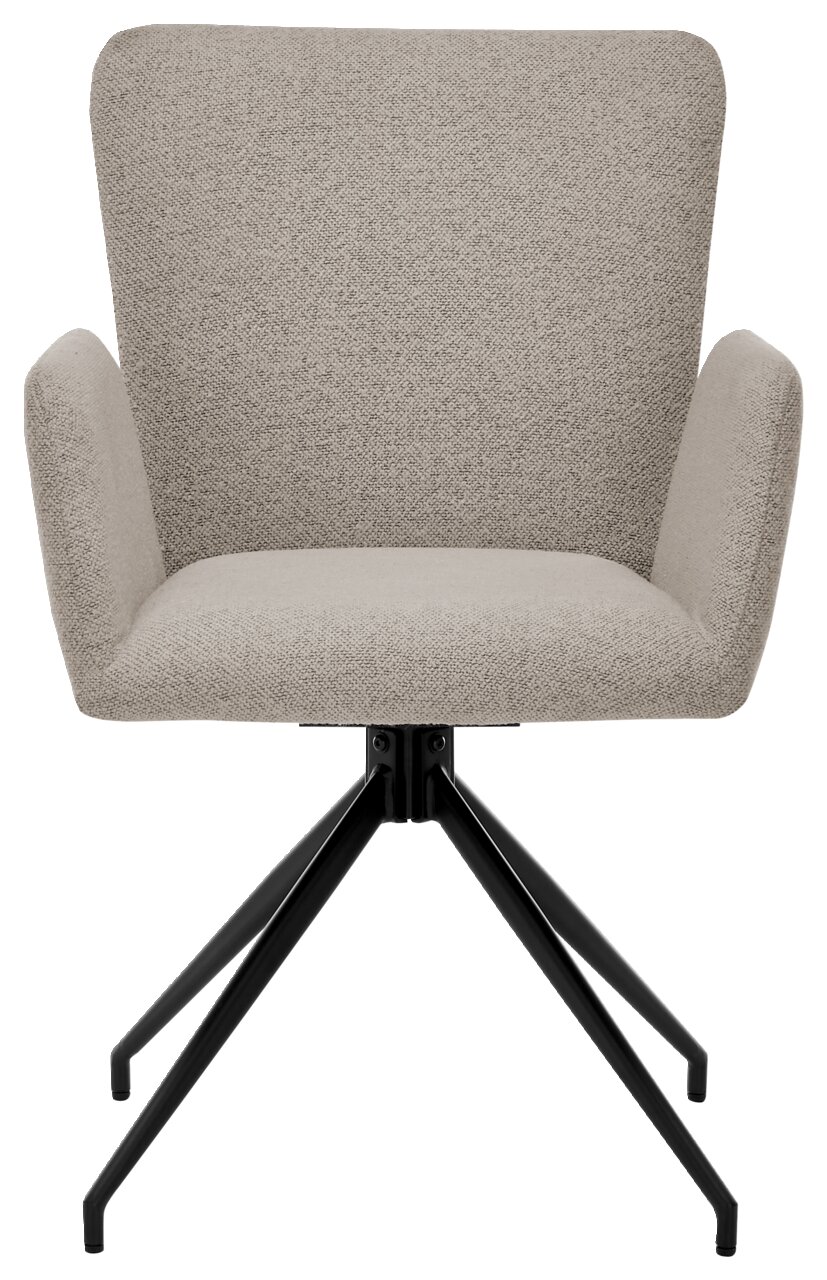 Frontansicht eines modernen Armlehnstuhls mit hellgrauem Stoffbezug und schwarzem Metallgestell.