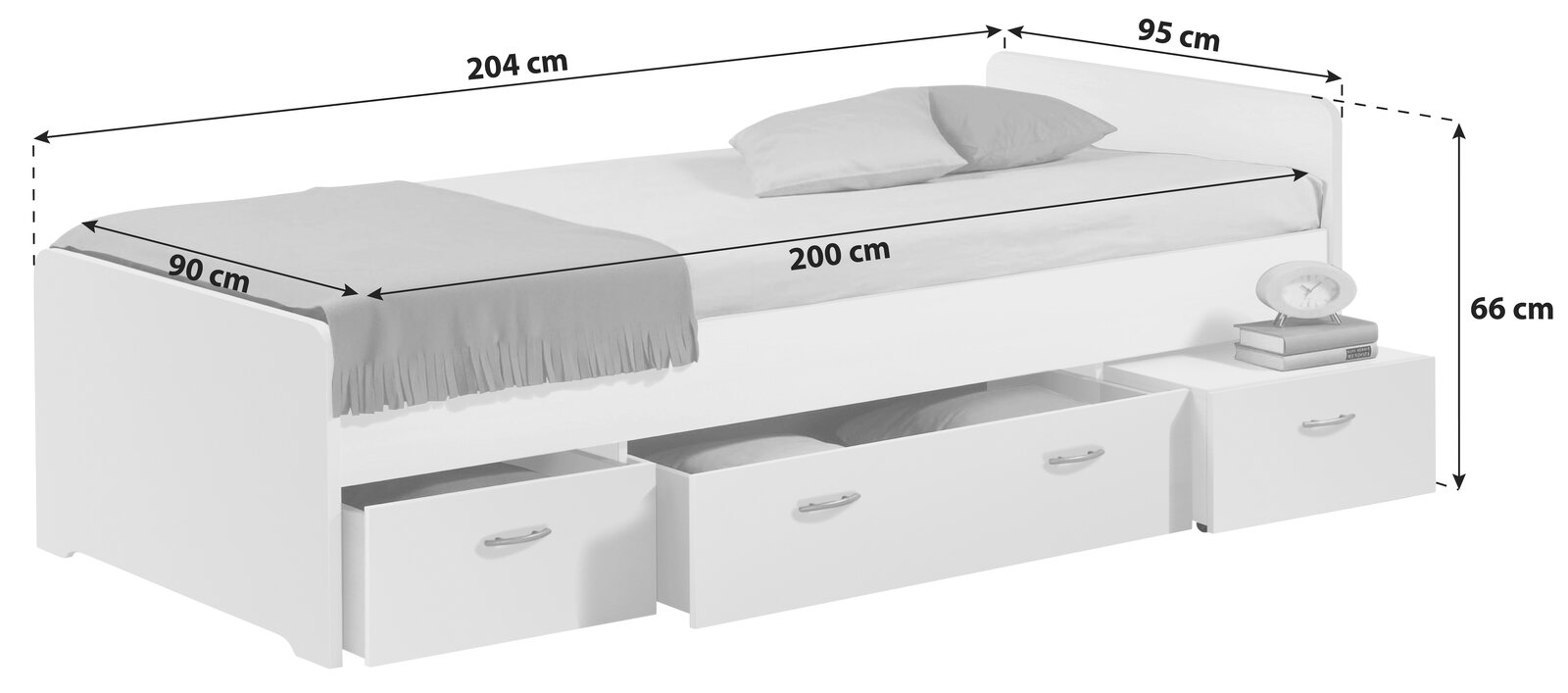 Weißes Jugendbett mit drei Schubladen, seitliche Perspektive, Maße: 204 cm Länge, 95 cm Breite, 66 cm Höhe