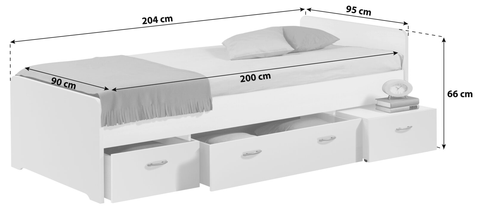 Wit jeugdbed met drie lades, zijaanzicht, afmetingen: 204 cm lang, 95 cm breed, 66 cm hoog
