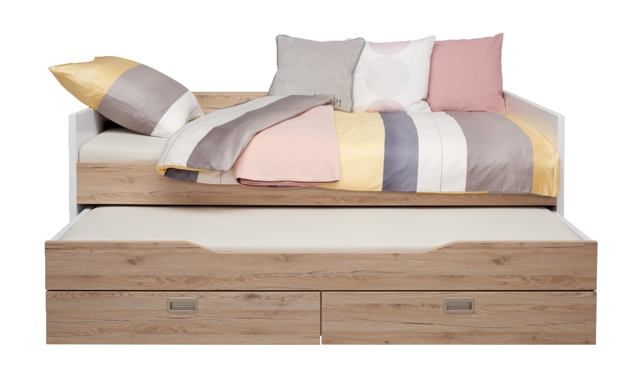 Unterschiebebett mit Holzoptik und bunter Bettwäsche, seitliche Perspektive