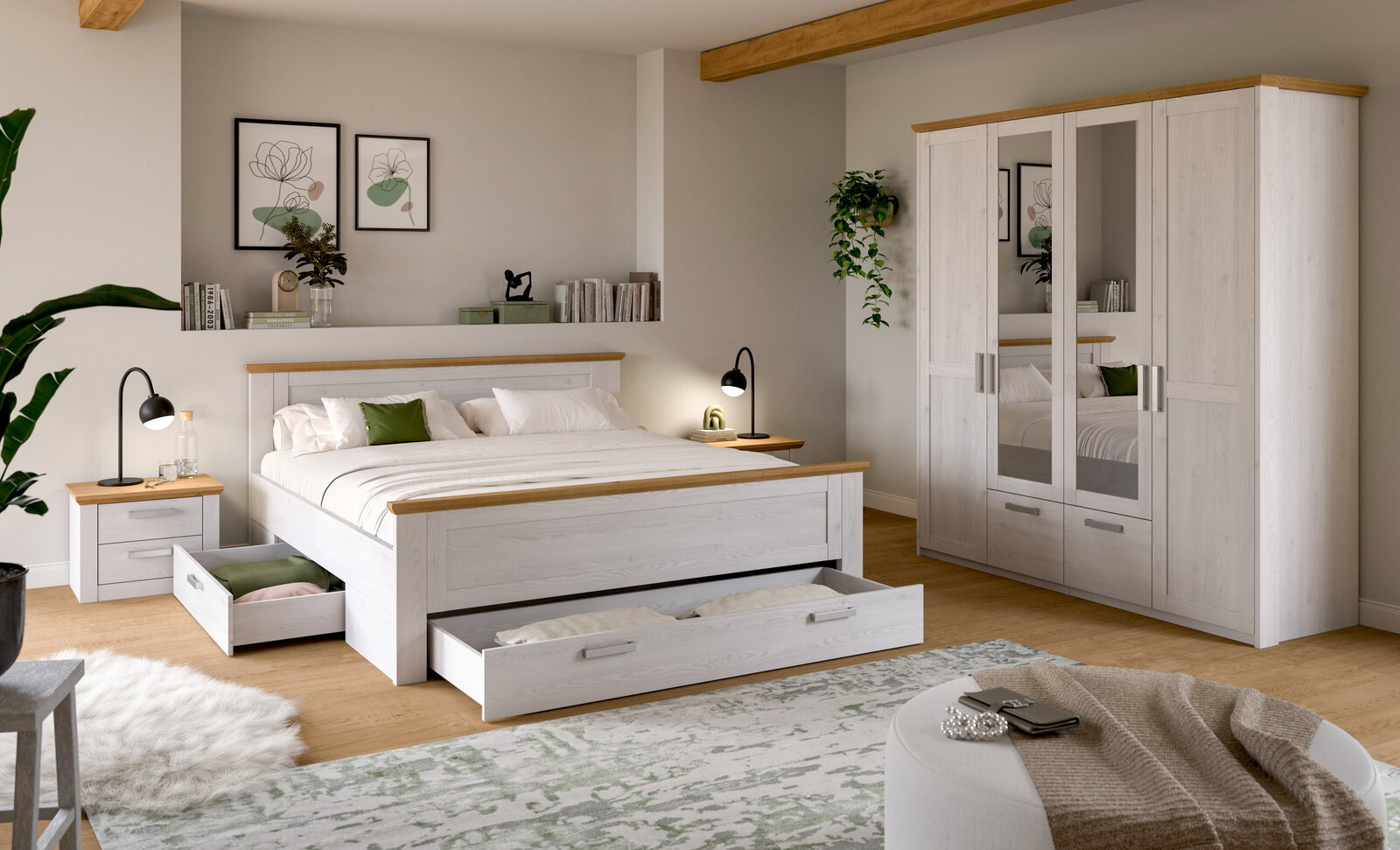 Modernes Schlafzimmer-Set in Weiß mit Holz-Akzenten: Doppelbett mit ausziehbaren Bettkästen, Nachttisch und Kleiderschrank mit Spiegeltüren, gezeigt in schräger Frontansicht im hellen Raum.