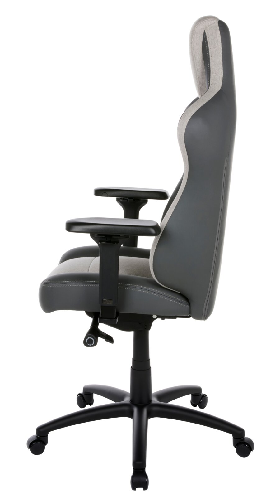 Seitliche Ansicht eines grauen Gaming-Stuhls mit verstellbaren Armlehnen und ergonomischem Design.