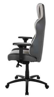 Seitliche Ansicht eines grauen Gaming-Stuhls mit verstellbaren Armlehnen und ergonomischem Design.