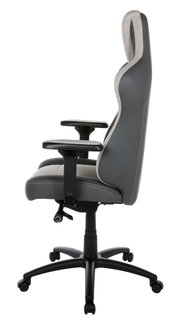 Seitliche Ansicht eines grauen Gaming-Stuhls mit verstellbaren Armlehnen und ergonomischem Design.