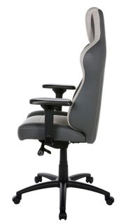 Seitliche Ansicht eines grauen Gaming-Stuhls mit verstellbaren Armlehnen und ergonomischem Design.