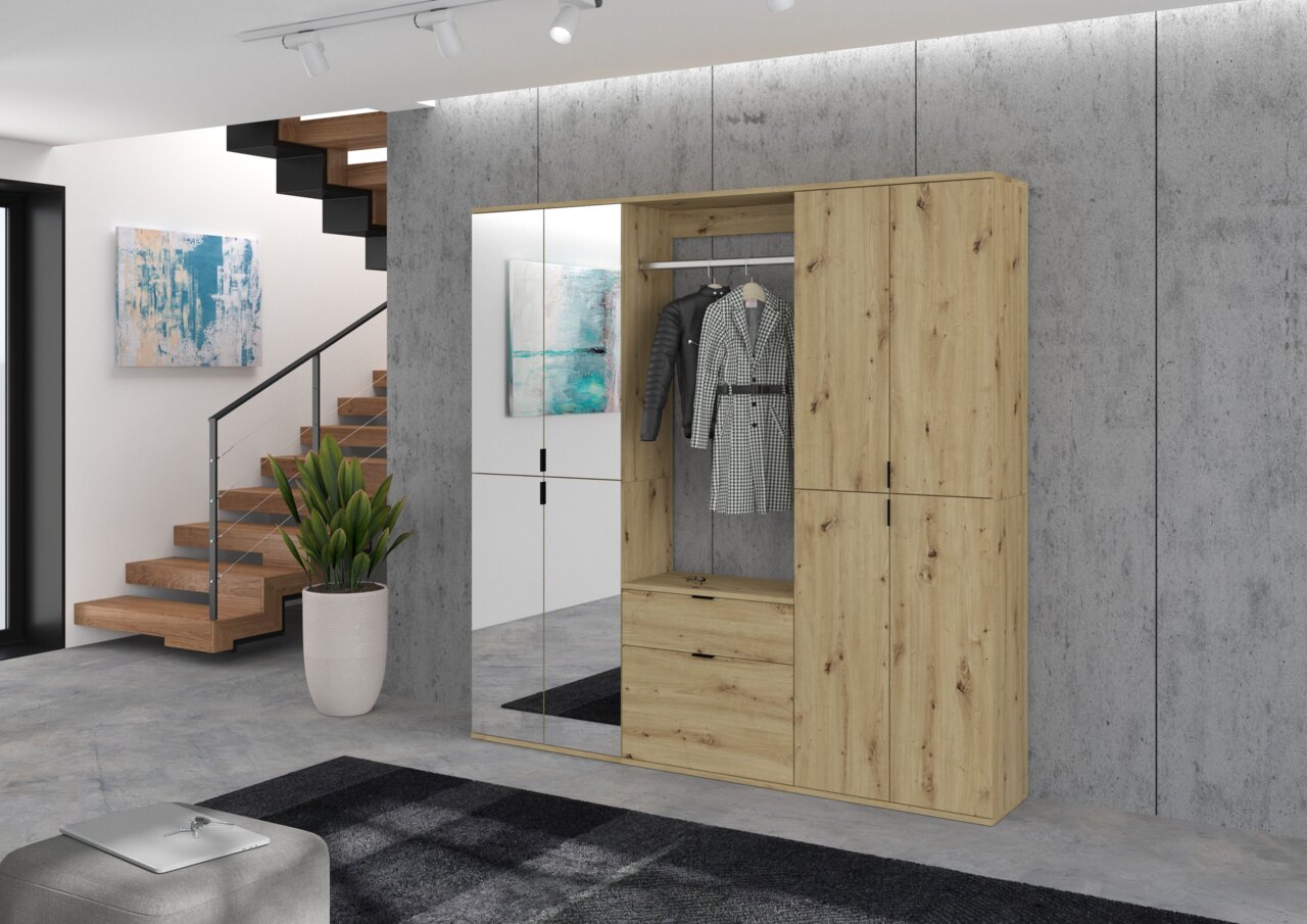 Moderne Kommode aus Holz mit Spiegel, offene Perspektive im Wohnzimmer