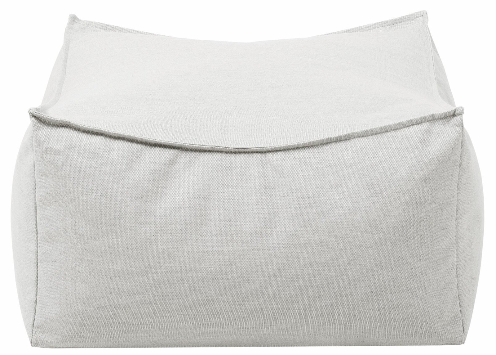 blomus Outdoor Hocker STAY Hellgrauer, quadratischer Sitzpouf aus Stoff mit weicher, leicht eingesunkener Oberseite, frontal aus leichter Draufsicht freigestellt auf weißem Hintergrund