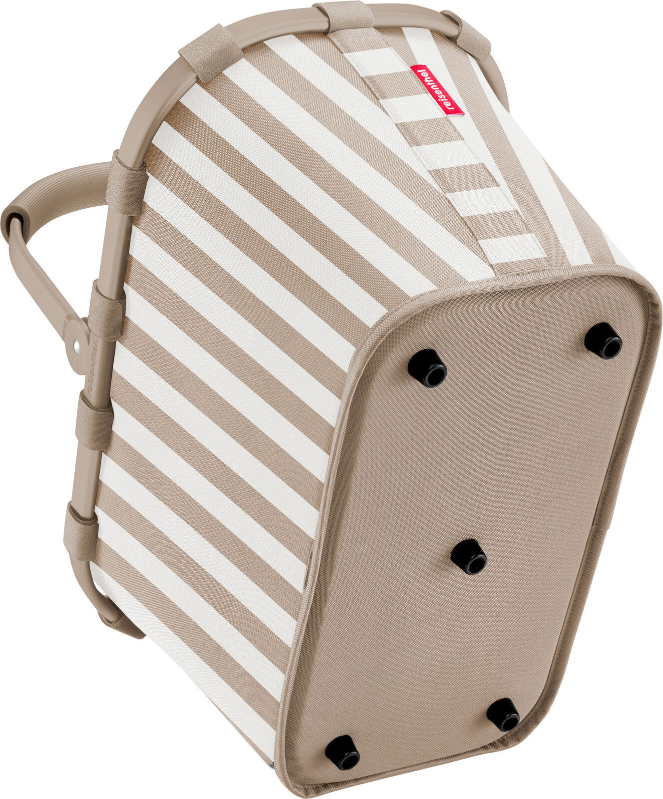 Unteransicht eines beige-weiß gestreiften Einkaufskorbs mit stabilem Rahmen, Standfüßen und Tragegriffen