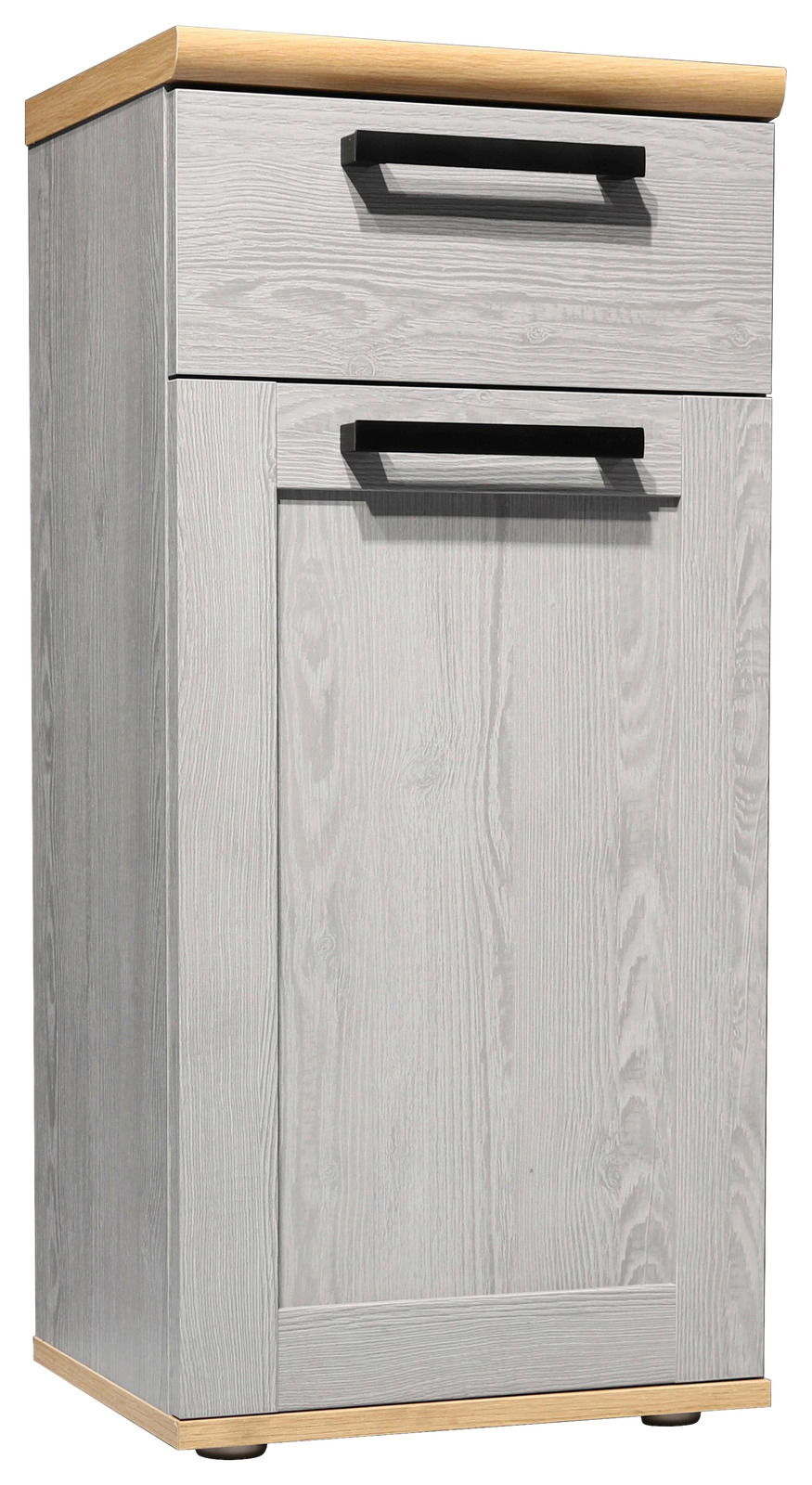 Moderner Unterschrank in Holzoptik mit einer Schublade und einer Tür, seitliche Perspektive