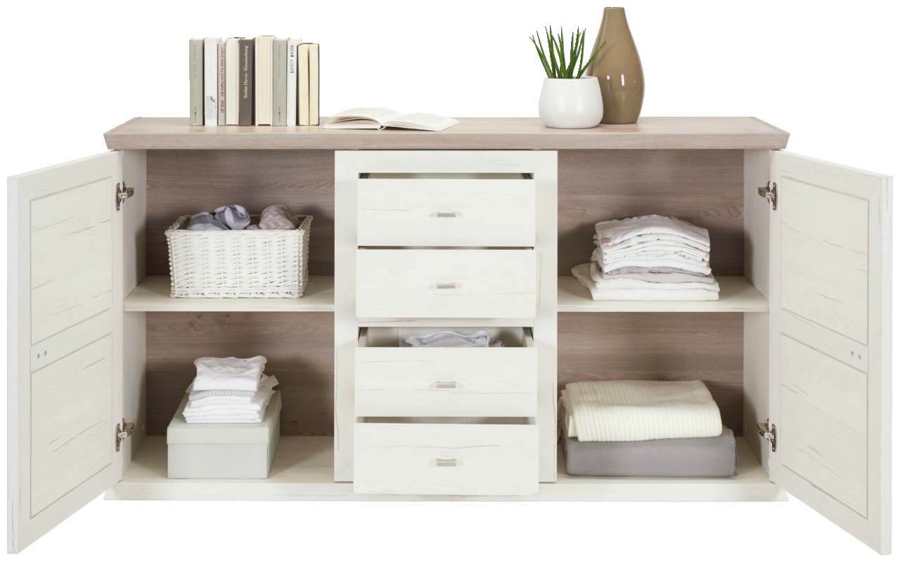 Frontale Ansicht des Hom'in Sideboards CAMRON mit offenen Türen und Schubladen, dekoriert mit Büchern, Pflanzen und gefalteter Kleidung.