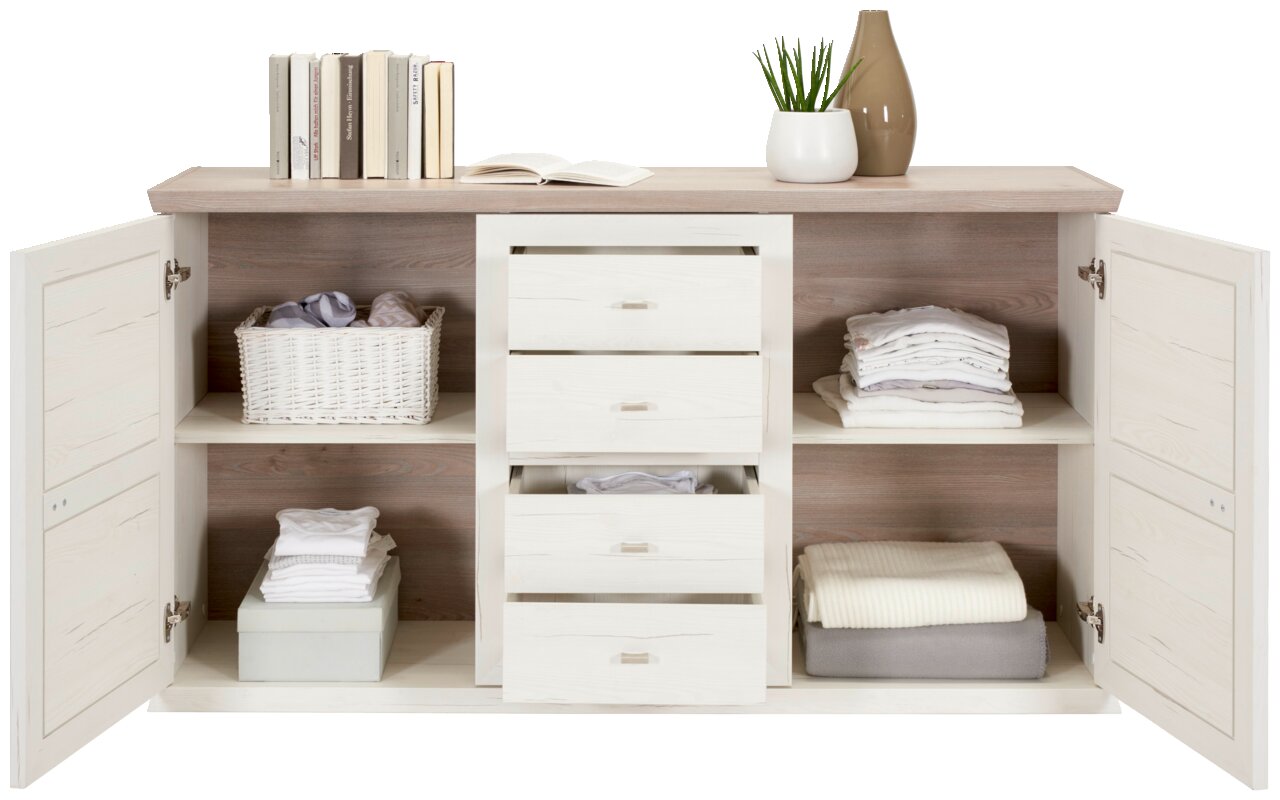 Frontale Ansicht des Hom'in Sideboards CAMRON mit offenen Türen und Schubladen, dekoriert mit Büchern, Pflanzen und gefalteter Kleidung.