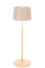 Moderne Akku-Tischleuchte in Beige, frontal abgebildet mit rundem Lampenschirm und schlankem Standfuß.