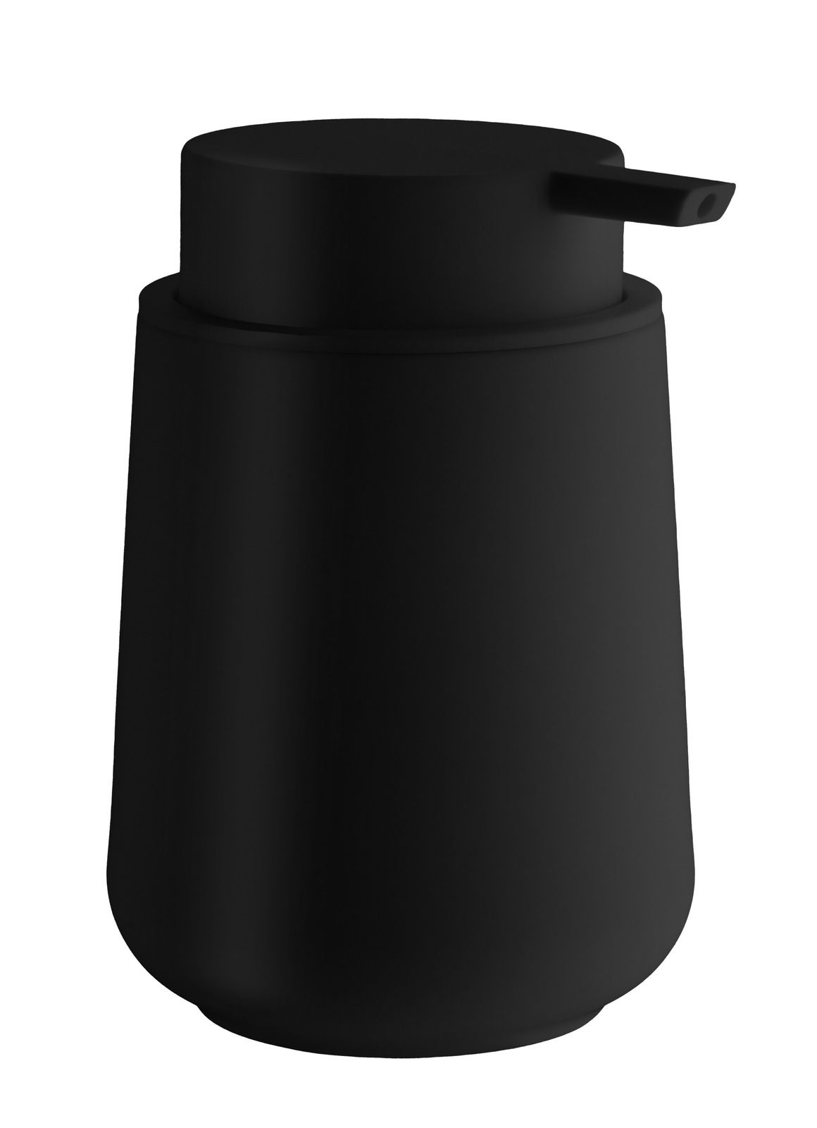 Schwarzer Seifenspender aus Kunststoff, seitliche Perspektive