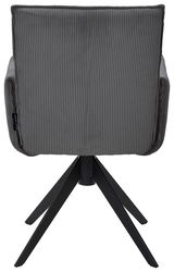 Rückansicht eines grauen Armlehnstuhls mit geripptem Stoffbezug und schwarzem Metallgestell.