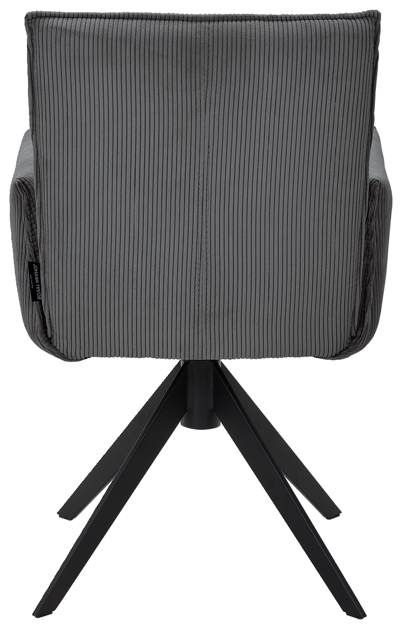 Johann Jakob Armlehnstuhl CALAS Rückansicht eines grauen Armlehnstuhls mit geripptem Stoffbezug und schwarzem Metallgestell.