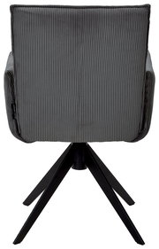 Rückansicht eines grauen Armlehnstuhls mit geripptem Stoffbezug und schwarzem Metallgestell.