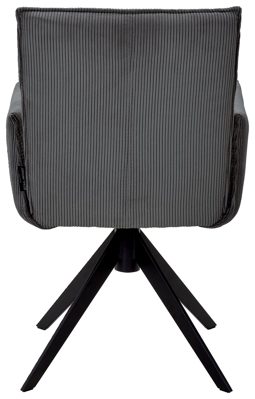 Rückansicht eines grauen Armlehnstuhls mit geripptem Stoffbezug und schwarzem Metallgestell.