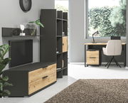 Modernes Wohnzimmer mit Regalelement in dunklem Holz und schwarzem Metall, seitliche Perspektive.