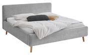 Graues Polsterbettgestell mit Holzfüßen, seitliche Perspektive