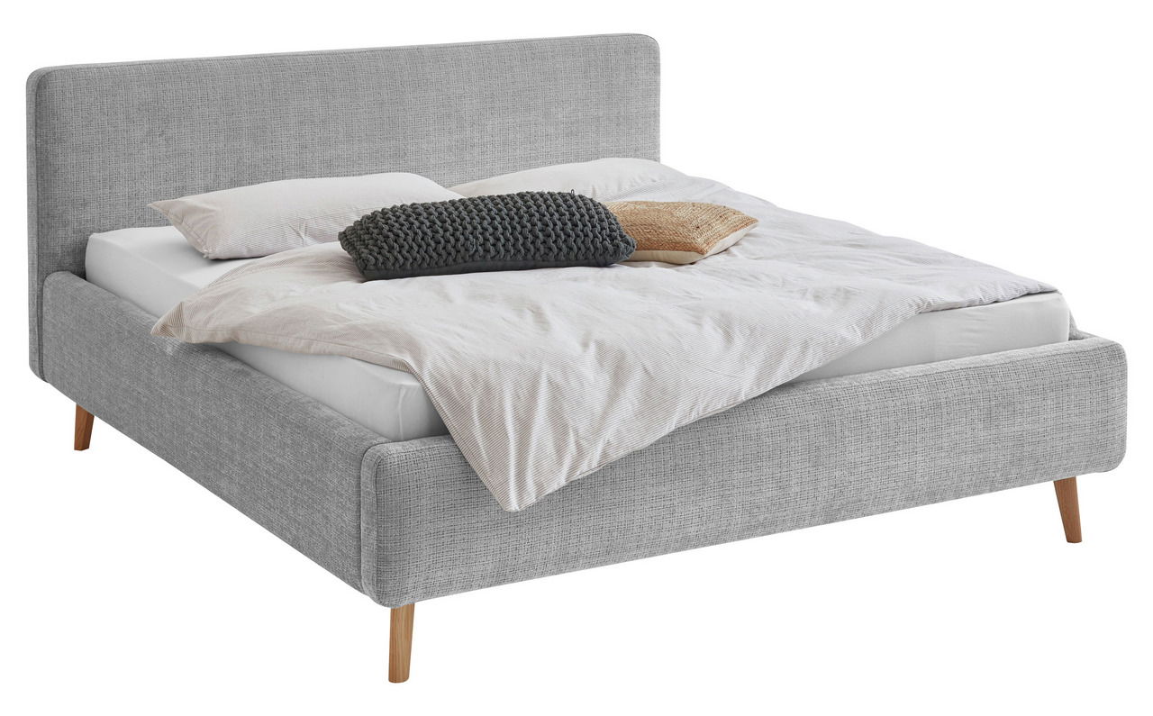 Graues Polsterbettgestell mit Holzfüßen, seitliche Perspektive