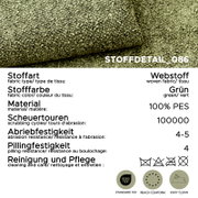 Grüner Webstoff aus 100% PES (Polyester) mit grober Struktur, Stoffdetail in Nahaufnahme/Detailansicht; Angaben: 100000 Scheuertouren, Abriebfestigkeit 4–5, Pillingfestigkeit 4, OEKO-TEX Standard 100, REACH-konform, Easy Clean.