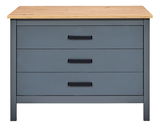 Kücheninsel mit drei Schubladen in grauer Farbe und Holzoberfläche, Frontalansicht