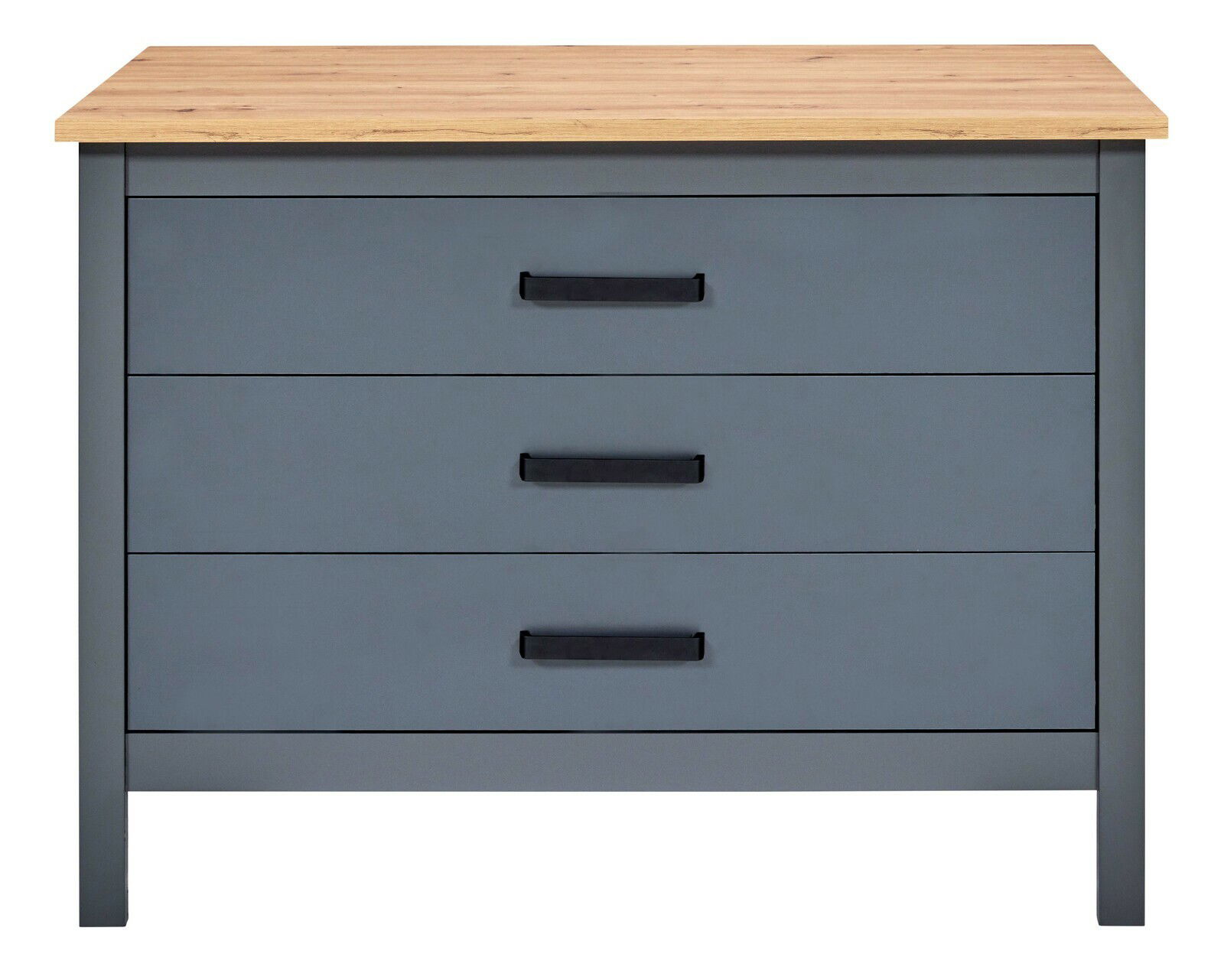 Kücheninsel mit drei Schubladen in grauer Farbe und Holzoberfläche, Frontalansicht