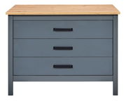 Kücheninsel mit drei Schubladen in grauer Farbe und Holzoberfläche, Frontalansicht