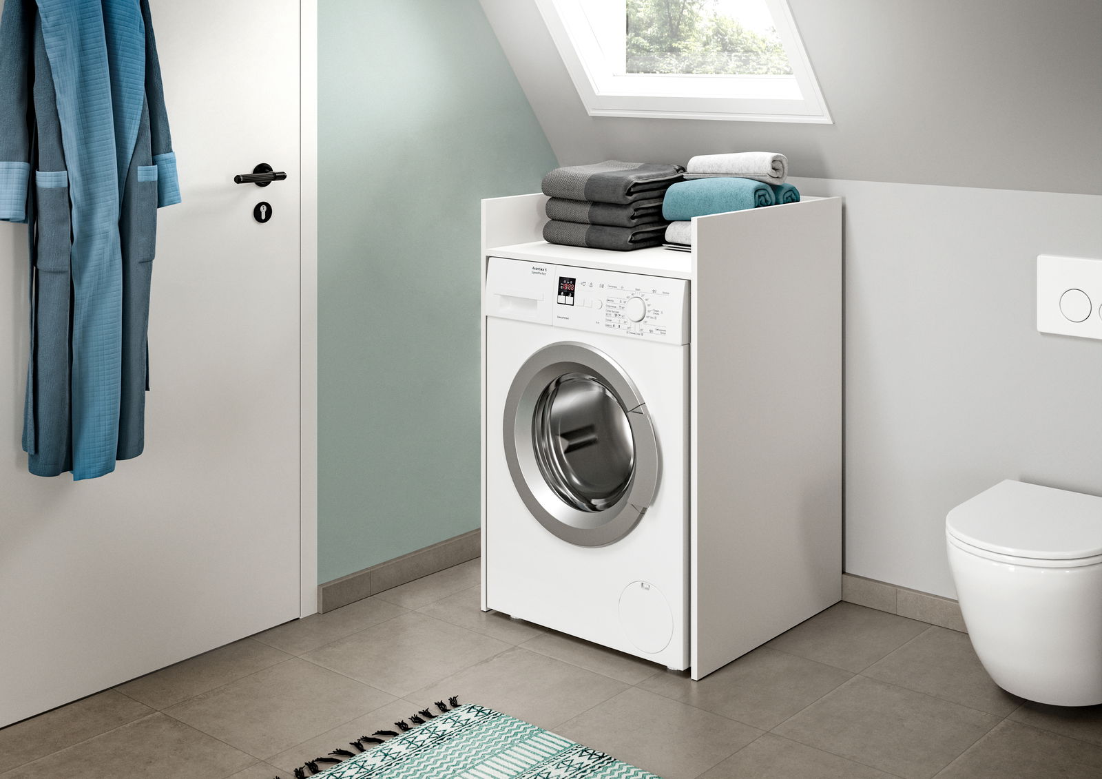 Waschmaschinenumbau in einem modernen Badezimmer mit seitlicher Perspektive