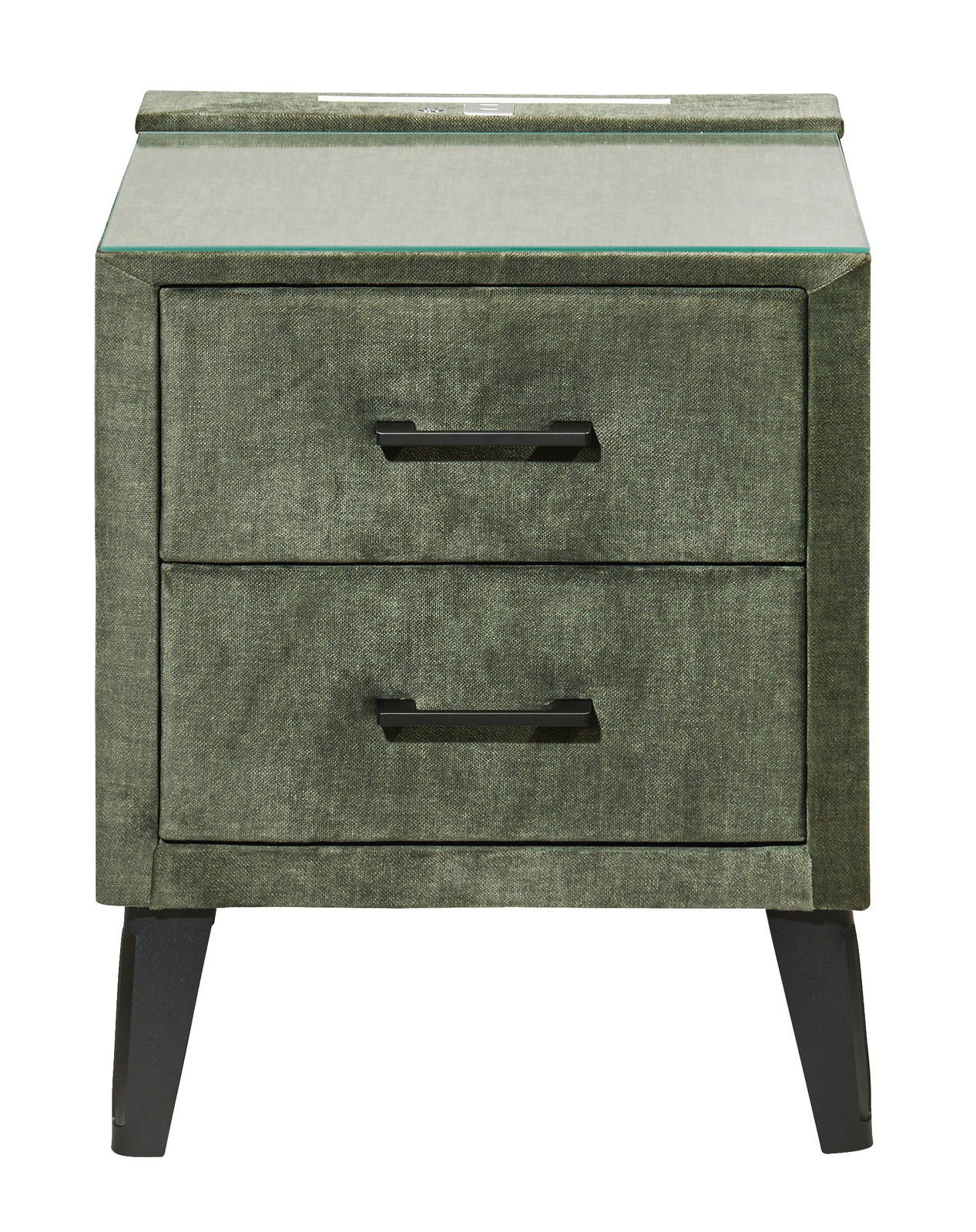 Grüne Nachtkonsole mit zwei Schubladen und schwarzen Griffen, frontale Ansicht
