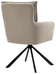 Rückansicht eines modernen Sessels mit beigem Cordbezug und schwarzem Metallgestell.