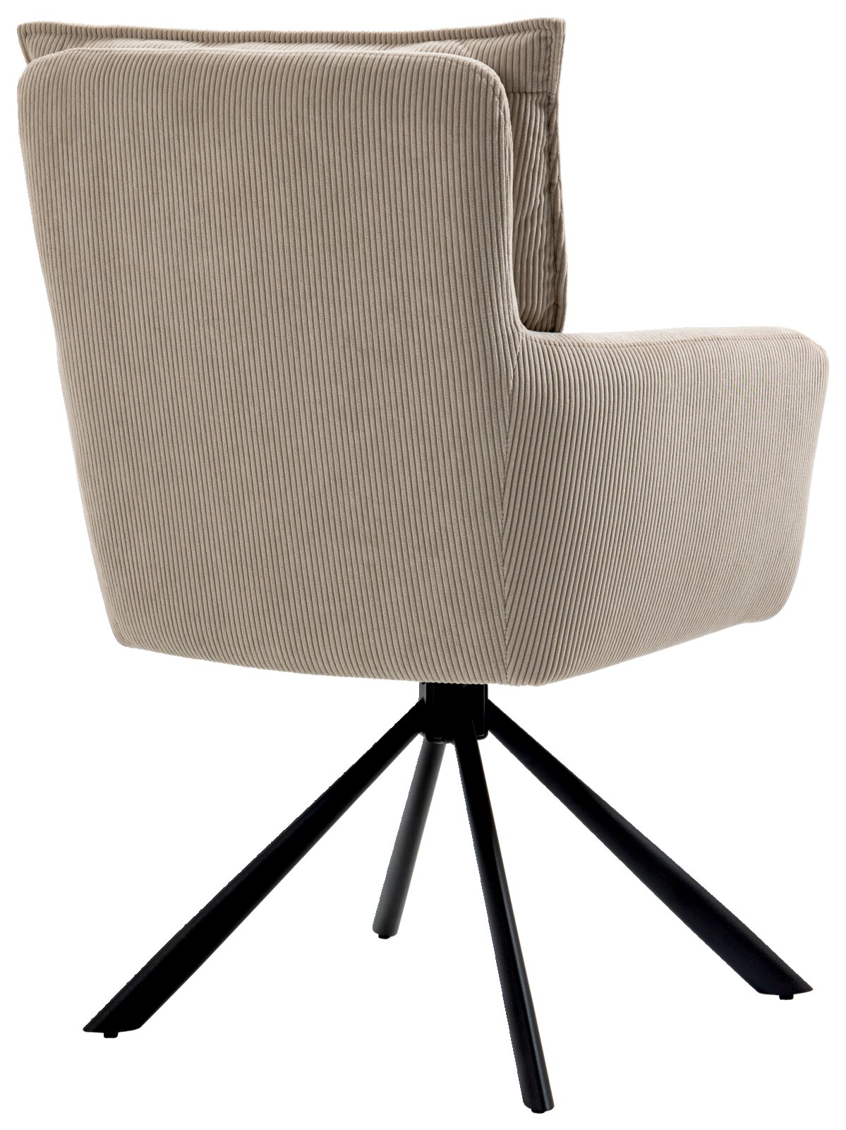 Achterkant van een moderne fauteuil met een beige corduroy bekleding en een zwart metalen frame.