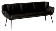 Moderne schwarze Sitzbank mit gepolsterten Armlehnen und schlanken Metallbeinen, seitliche Perspektive