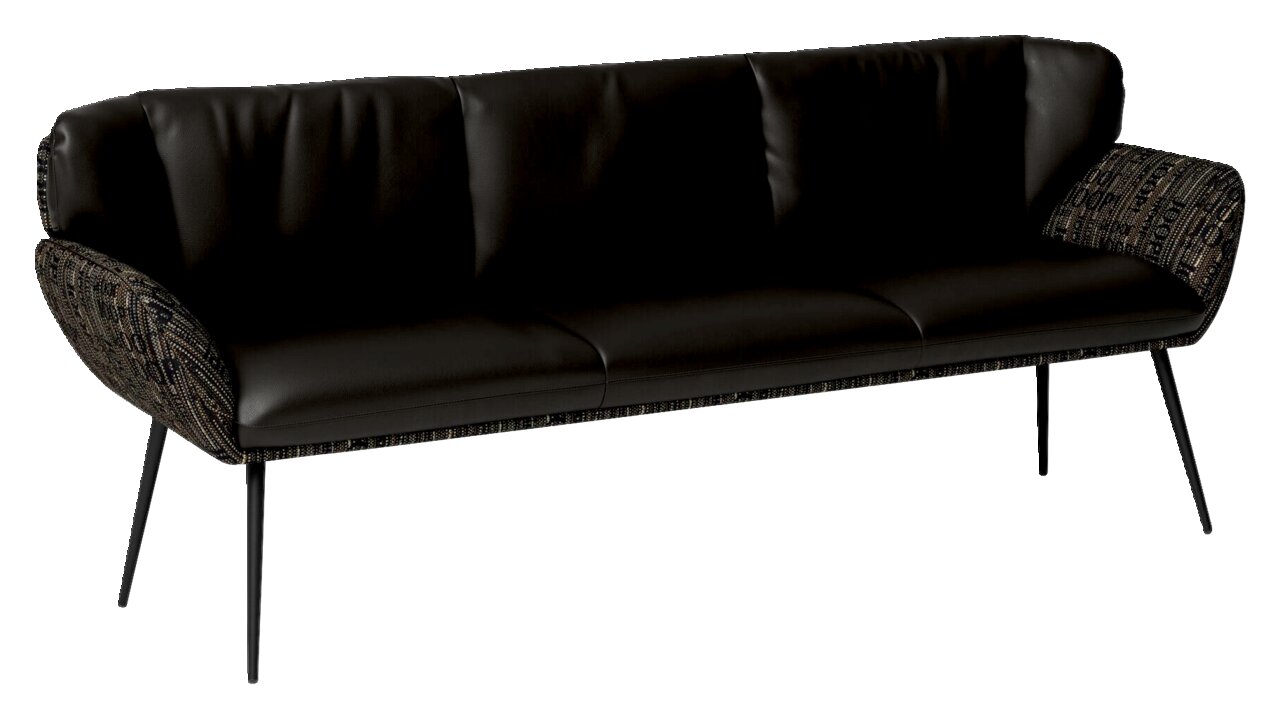 Moderne schwarze Sitzbank mit gepolsterten Armlehnen und schlanken Metallbeinen, seitliche Perspektive