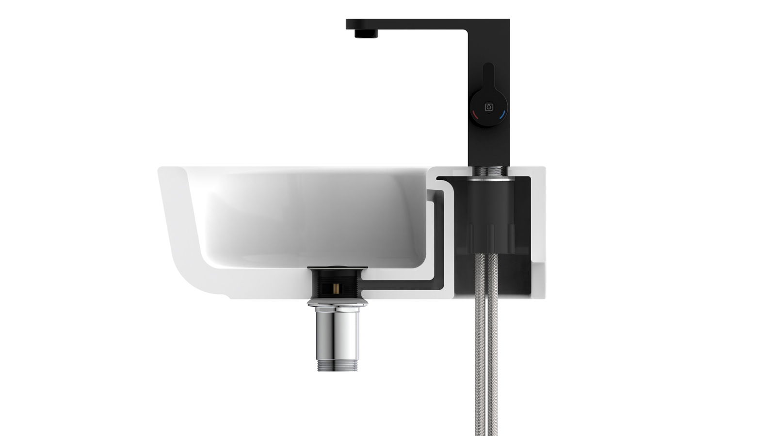 Querschnitt einer modernen schwarzen Waschtischarmatur mit integriertem Waschbecken, seitliche Perspektive