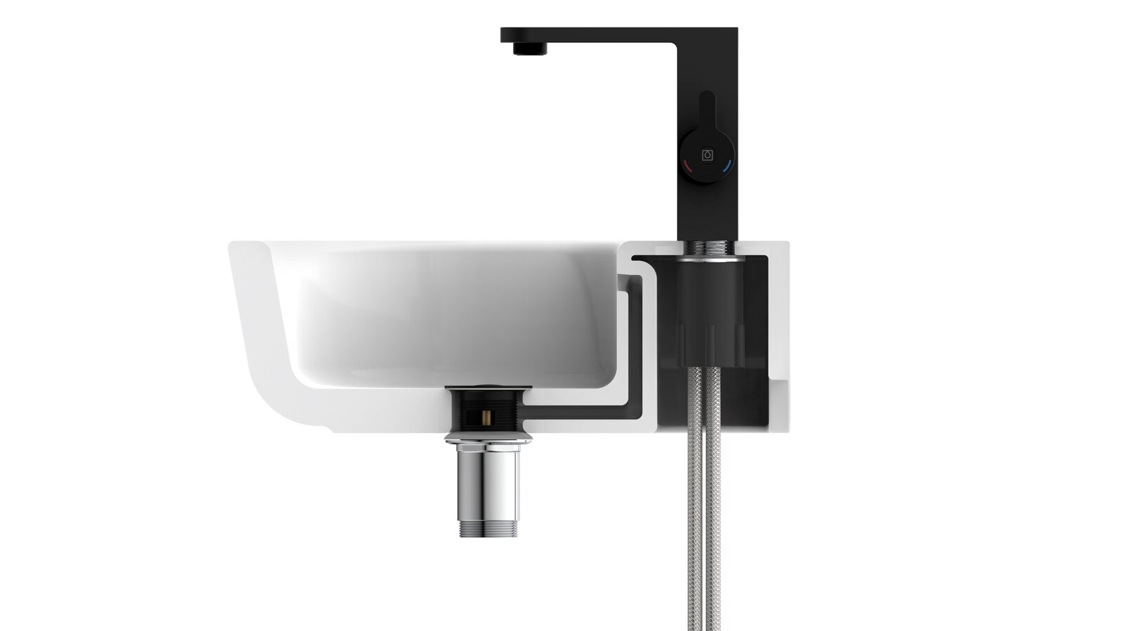 Querschnitt einer modernen schwarzen Waschtischarmatur mit integriertem Waschbecken, seitliche Perspektive