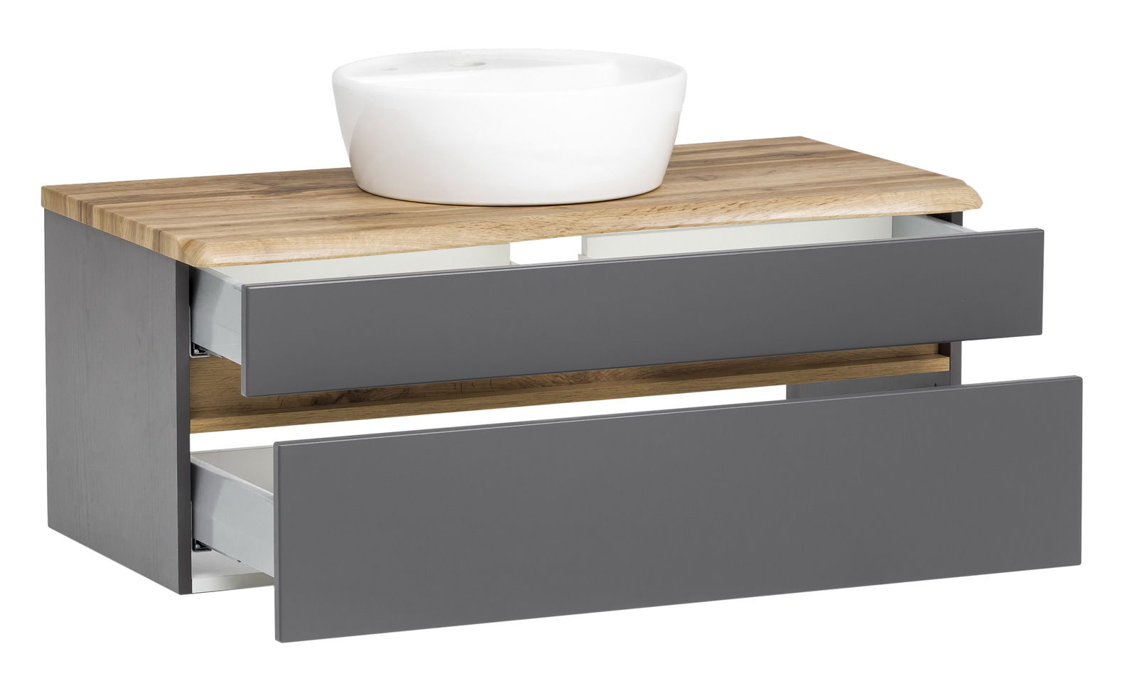XORA Waschtisch-Set VILLACH Waschtisch-Set mit grauen Schubladen und Holzplatte, darauf ein weißes Aufsatzwaschbecken, seitliche Perspektive