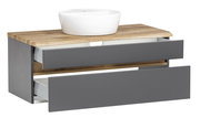 Waschtisch-Set mit grauen Schubladen und Holzplatte, darauf ein weißes Aufsatzwaschbecken, seitliche Perspektive