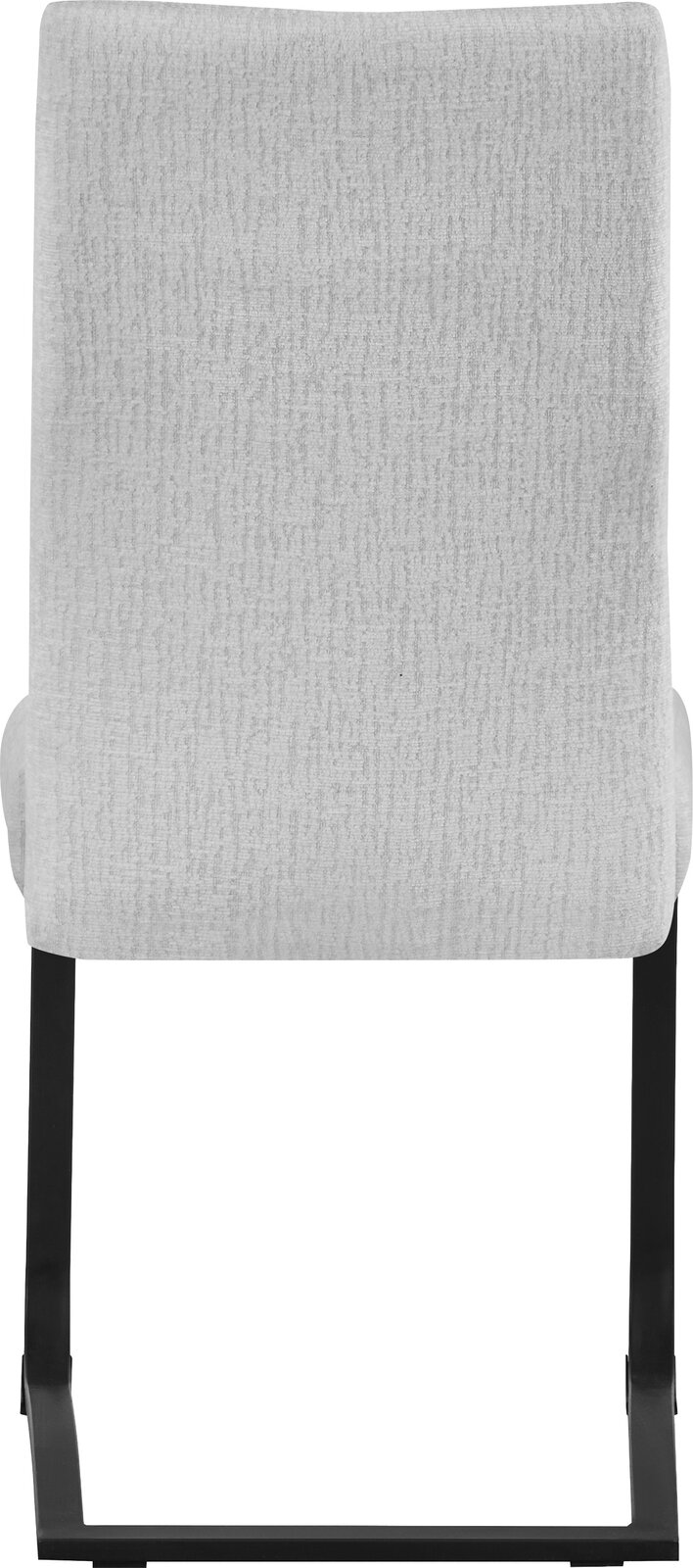 Rückansicht eines gepolsterten Stuhls mit hellbeigem Stoffbezug und schwarzem Metallgestell, freigestellt auf weißem Hintergrund