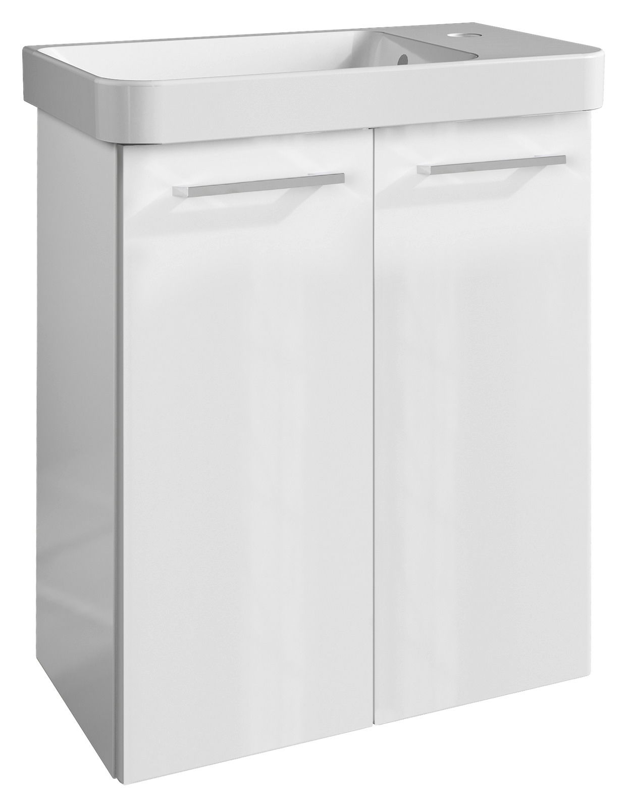 Voleo Waschtisch-Set LARA Moderner weißer Waschtisch mit zwei Türen und integriertem Waschbecken, seitliche Perspektive